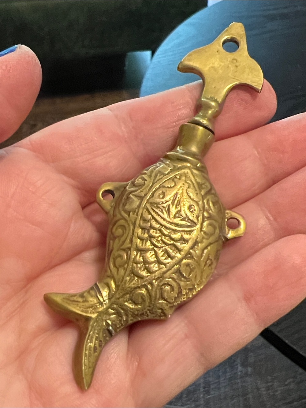 Antique Handmade Brass Fish Perfume Bottle Dauber Necklace Pendant Amulet - Picture 4 of 9